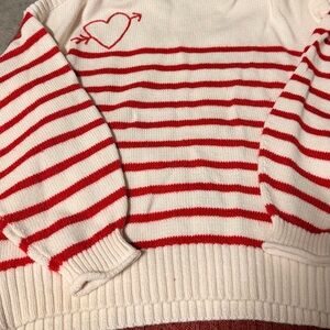 LOFT Cream and Red Striped Heart Crewneck Sweater